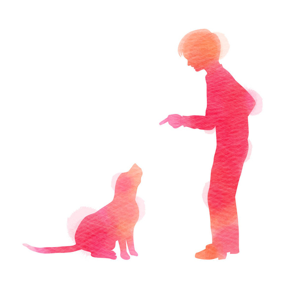 水彩画の背景に犬のシルエットで遊ぶ子供。番目 - ベクター画像