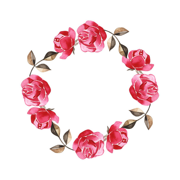 Χειροποίητη διάταξη υδατογραφικής με γραφικά ροζ τριαντάφυλλα, μπουμπούκια, φύλλα και σγουρά κλαδιά. Floral βοτανική απεικόνιση για προσκλήσεις γάμου, κάρτες, μοτίβα - Φωτογραφία, εικόνα