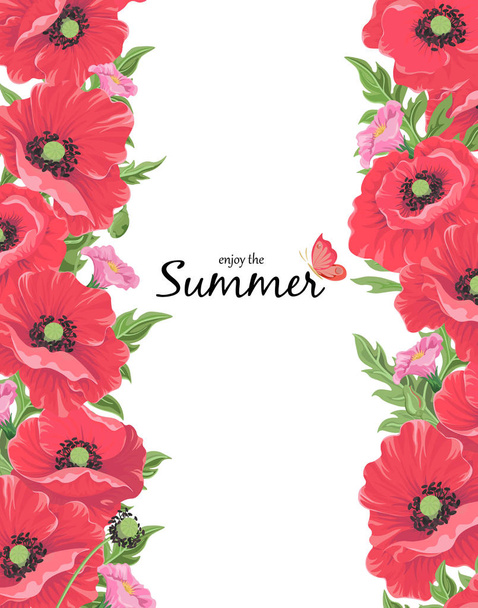 Greeting card, poppies flowers. Summer floral design in watercolor style. - ベクター画像