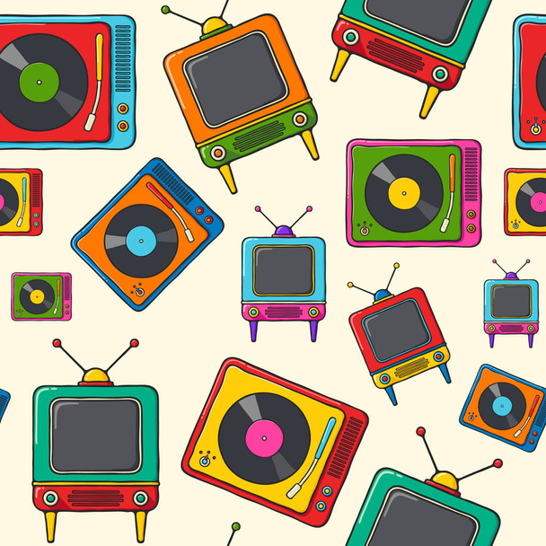 Turntables and retro television hand drawn pop art style seamless pattern. - Вектор, зображення