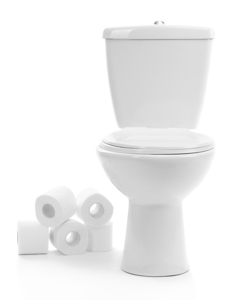 White toilet bowl with toilet paper, isolated on white - 写真・画像