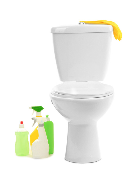 Toilet bowl and cleaning supplies, isolated on white - Foto, immagini