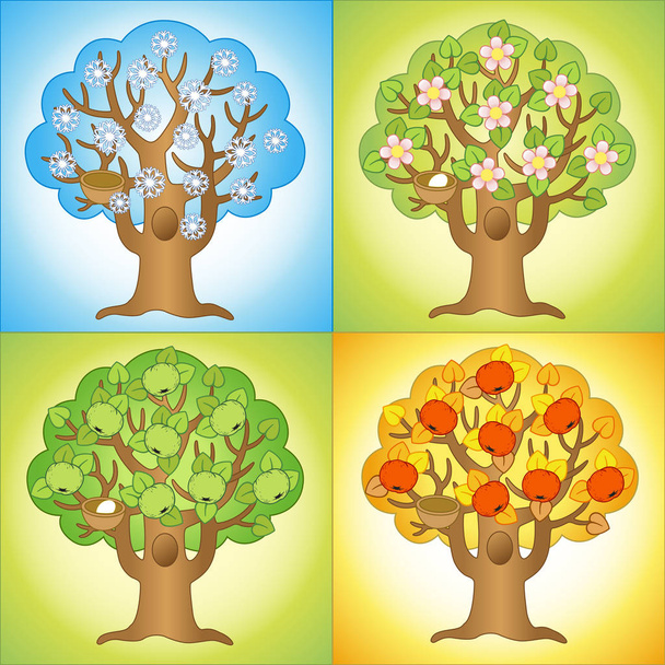 別の季節にベクトル漫画リンゴの木。秋、冬、夏、春 - 写真・画像