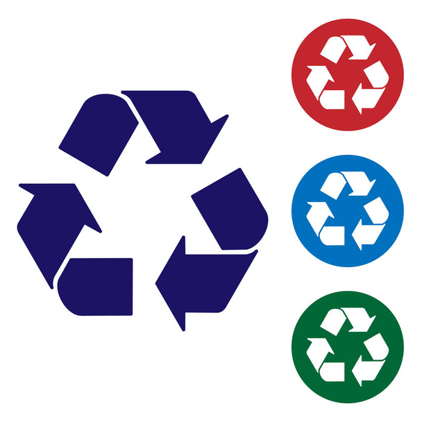 Blauwe recycle symbool pictogram geïsoleerd op witte achtergrond. Pictogram met ronde pijl. Milieu recycleerbaar ga groen. Stel het kleur pictogram in de cirkel knoppen in. Vector illustratie - Vector, afbeelding