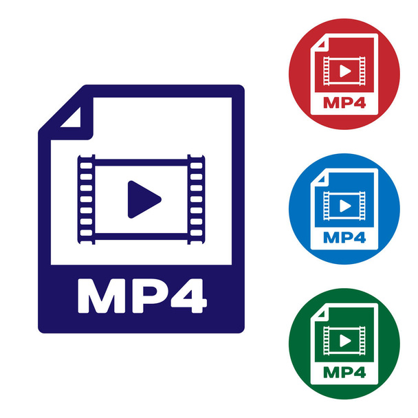 Піктограма файлового документа синього MP4. Звантажити піктограму mp4 кнопки ізольовано на білому тлі. Символ файла MP4. Встановити піктограму кольору на кнопках кола. Векторна ілюстрація
 - Вектор, зображення
