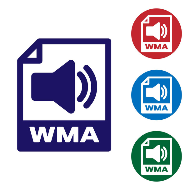青いWmaファイル文書アイコン。白い背景に隔離されたwmaボタンアイコンをダウンロードします。Wma ファイルシンボル。Wma 音楽形式記号。円のボタンにカラーアイコンを設定します。ベクトルイラストレーション - ベクター画像