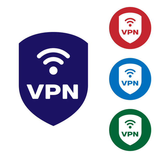 Escudo azul con VPN y wifi icono de símbolo de red inalámbrica de Internet aislado sobre fondo blanco. VPN protege el concepto de seguridad. Establecer el icono de color en botones de círculo. Ilustración vectorial
 - Vector, Imagen