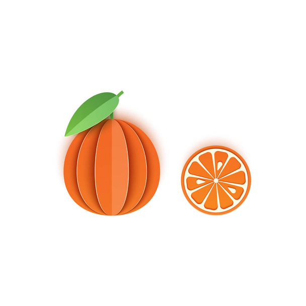 A papír szeletelt egész és szelet mandarin citrus, kiváló design bármilyen célra. Nyári szaftos narancs a papír vágott sytle. Vektoros kártya 3D illusztráció. Trópusi papercraft rétegek gyümölcs. - Vektor, kép