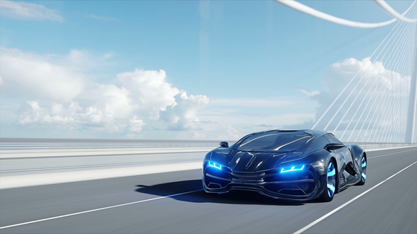 modelo 3d de coche futurista negro en el puente. Conduce muy rápido. Concepto de futuro. Animación realista 4k
. - Imágenes, Vídeo