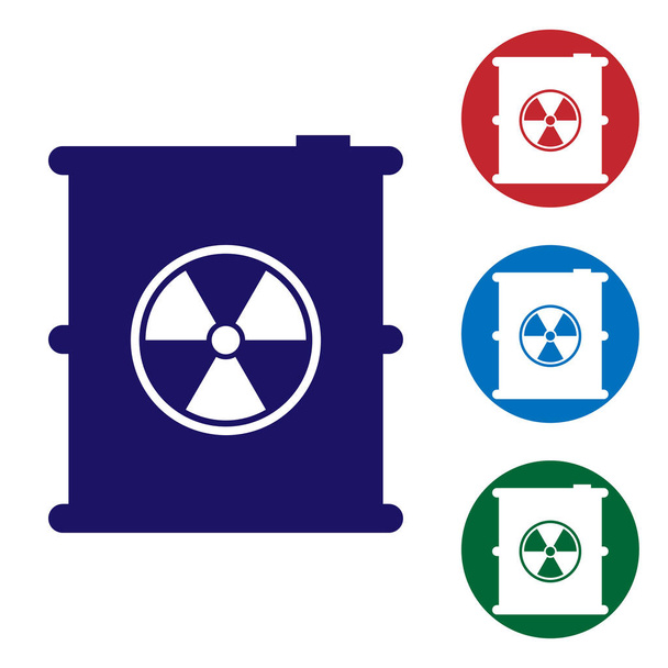 Blue Radioactive waste in barrel icon isolated on white background. Toxic refuse keg. Radioactive garbage emissions, environmental pollution. Set color icon in circle buttons. Vector Illustration - Vector, Image