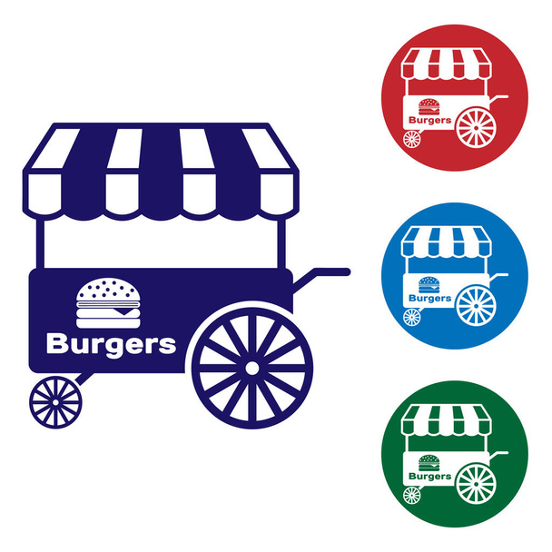 Kék Fast utcai étel szekér a napellenző ikon elszigetelt fehér háttér. Burger vagy hamburger ikonra. Városi kioszk. A színikon beállítása kör gombokon. Vektoros illusztráció - Vektor, kép