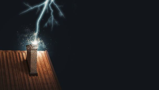 Blitz schlägt in Hausdach ein, 3D-Rendering - Foto, Bild