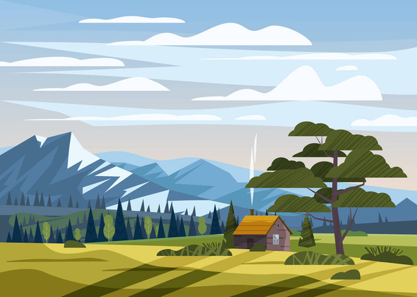 Beautiful summer mountain landscape valley rural farm house countryside, green hills, bright color blue sky, meadows with mountains panorama horizon in trendy cartoon flat style and bright colors - Vector, Image