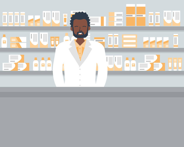 Web-Banner eines Apothekers. junger schwarzer Mann am Arbeitsplatz in einer Apotheke: Er steht vor Regalen mit Medikamenten. witziger flacher Stil. Vektorillustration - Vektor, Bild
