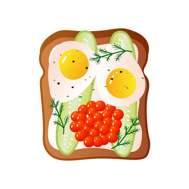 Bread sandwich with two fried eggs and red caviar - Vektor, Bild
