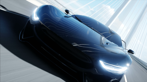 橋の上の黒い未来的な車の3Dモデル。非常に速い運転。未来の概念。リアルな4Kアニメーション. - 映像、動画