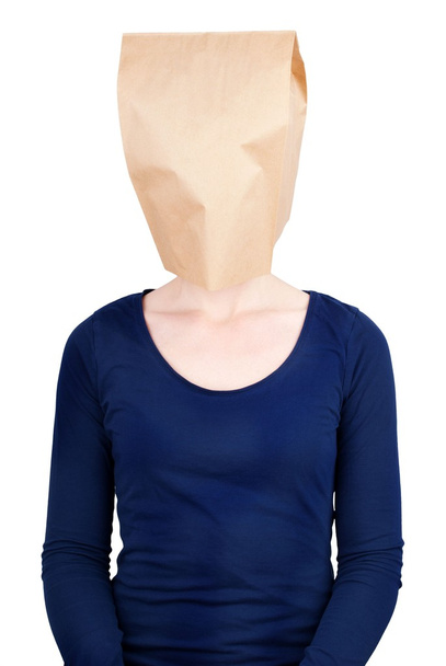 person with a paper bag head - Foto, imagen