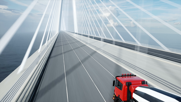 橋の上のコンクリートミキサートラックの3Dモデル。非常に速い運転。構築と輸送の概念。リアルな4Kアニメーション. - 映像、動画