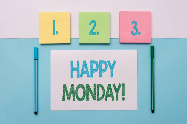 Text sign showing Happy Monday. Conceptual photo telling that demonstrating order to wish him great new week Note papers and stationary placed sideways on top of softhued backdrop. - Photo, Image