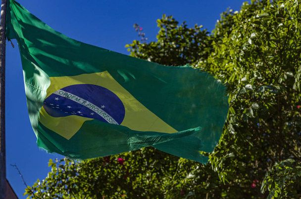 Flag in the wind. Green, yellow and blue flag. Brazilian flag.  - Photo, Image