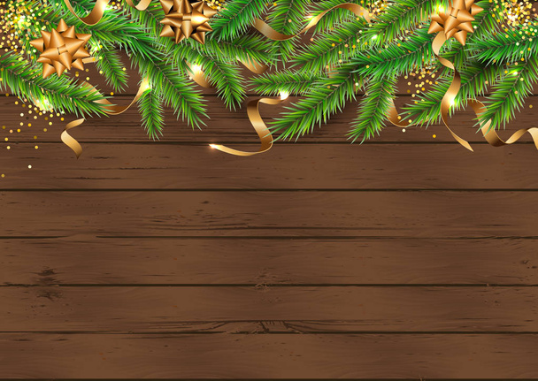 Festive background with Christmas tree, golden ribbons on dark wood textured background. Place for text. Great for greetings, party invitation, New year, Christmas cards, banner, headers, poster, web. - Vettoriali, immagini