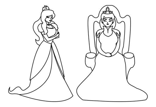 物語の文字の王座に女王と美しい王女 - ベクター画像