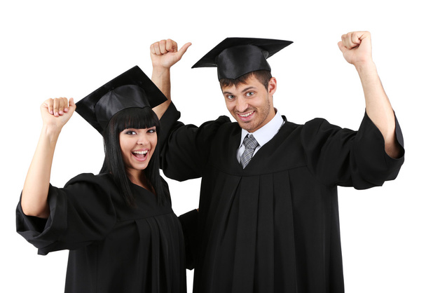 Dos estudiantes graduados felices aislados en blanco
 - Foto, Imagen