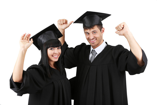 Two happy graduating students isolated on white - Zdjęcie, obraz