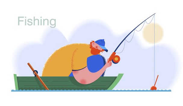  Balıkçı balıkçısı oltayla bir teknede. Bir balıkçı balık yakalar. Vektör çizimi. - Vektör, Görsel
