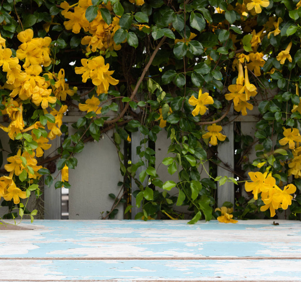 Mesa de madera vintage con hermosas flores amarillas y verde
  - Foto, Imagen