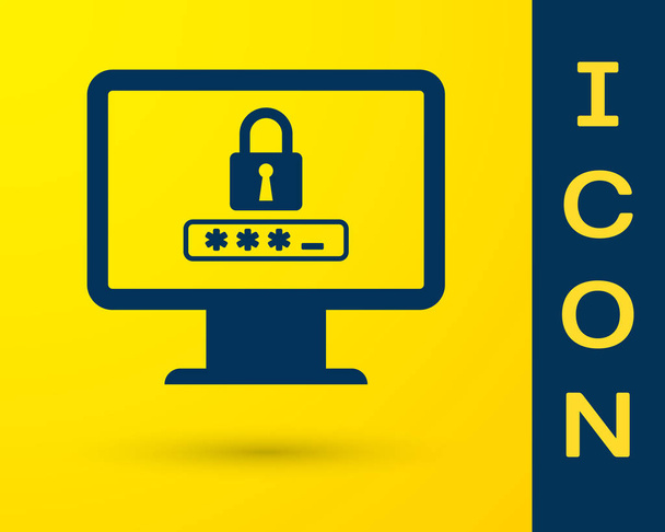 Blauwe monitor met wachtwoord melding en slot icoon geïsoleerd op gele achtergrond. Concept van beveiliging, persoonlijke toegang, Gebruikersautorisatie, inlogformulier. Vector illustratie - Vector, afbeelding