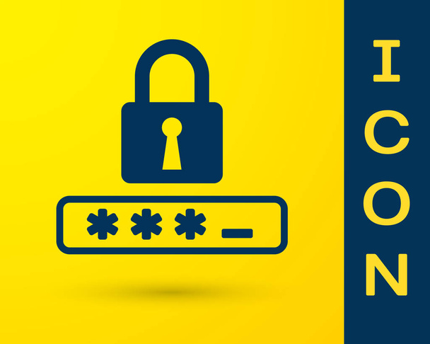 青のパスワード保護と安全アクセスアイコンは、黄色の背景に隔離されています。ロックアイコン。セキュリティ、安全、保護、プライバシーの概念。ベクトルイラストレーション - ベクター画像