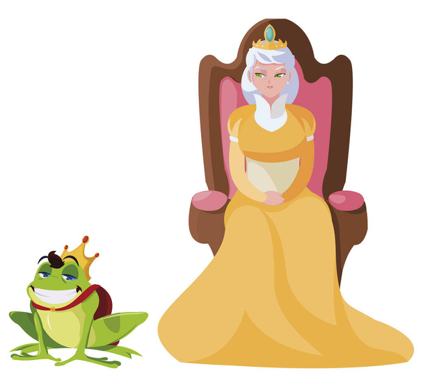 queen on throne with toad prince characters - Vector, Image