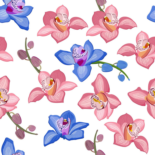 ピンクとブルーの蘭の花のシームレスなパターン。白い背景に花の花の葉を咲かせる. - ベクター画像
