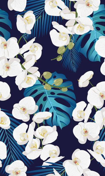 white orchid floral seamless pattern with tropical leaves on white background. - Vector, Image