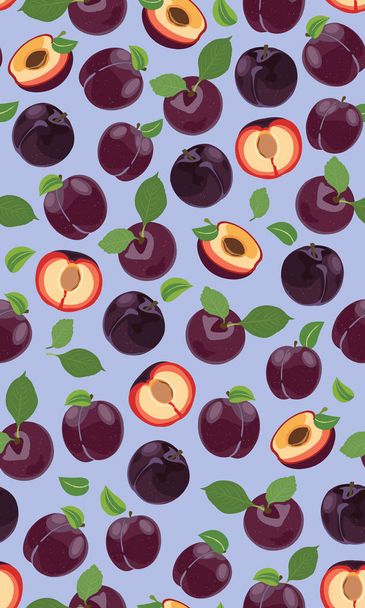 Fresh purple plum seamless pattern, slices, pits, leaves, core. Set of fruits. Vector illustration isolated on purple background - ベクター画像