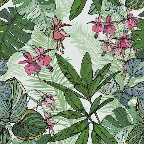 Seamless pattern with flowers and leaves, hand drawn plants - Vektori, kuva