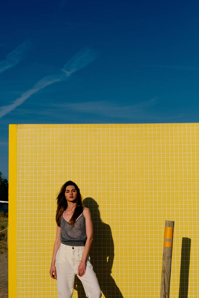 a young model with long hair in front of a yellow wall in a summer day - Foto, Bild