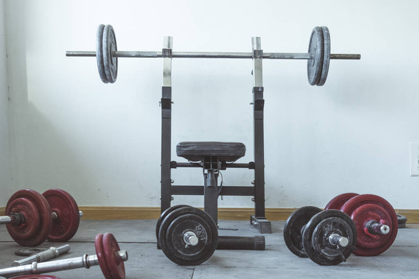 A sunlit weight area of a gym. There is a weight bench that is surrounded by stacks of weights. - 写真・画像