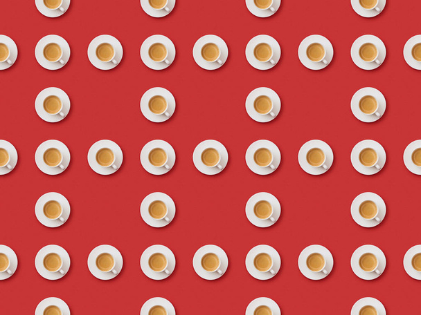 Bezszwowy wzór z filiżanek kawy i spodków na czerwonym tle - Zdjęcie, obraz