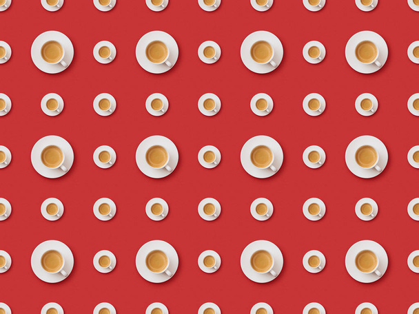 patrón sin costuras con tazas de café grandes y pequeñas blancas y platillos sobre fondo rojo
 - Foto, imagen