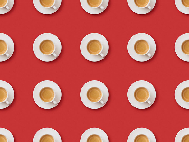 seamless pattern with coffee in cups and saucers on red background - 写真・画像