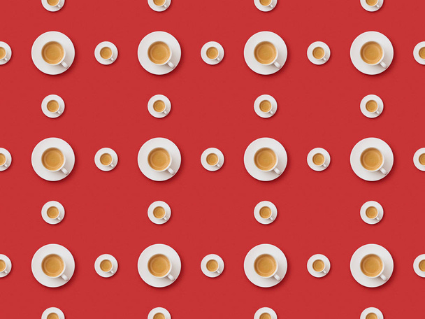 naadloos achtergrond patroon met verse koffie in kopjes en schoteltjes op rode achtergrond - Foto, afbeelding