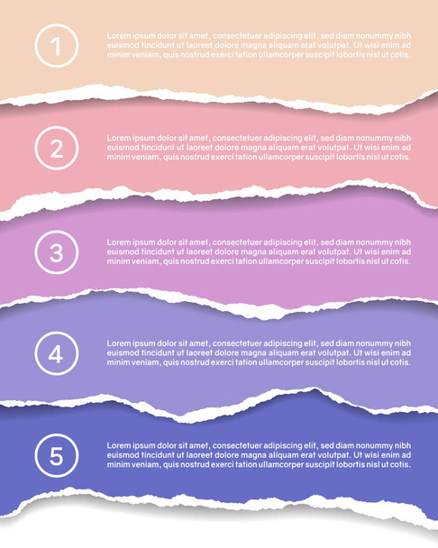 Illustration infographics for five steps with colorful torn papers, numbers and text - vector - Vecteur, image