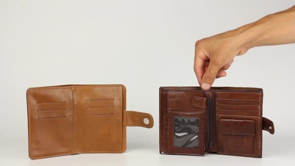 main humaine prend pièce d'or de Bitcoin de portefeuille en cuir brun et l'apporte à un autre portefeuille, transfert, fond blanc
   - Séquence, vidéo