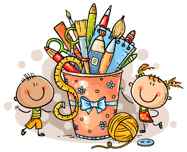 Creatieve kinderen met Crafting tools, geen gradiënten. - Vector, afbeelding
