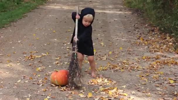 child in black sorcerer or witch suit for halloween sweeps by broom autumn foliage near fresh pumpkin - Footage, Video