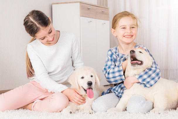 Smiling sisters sitting with retriever puppies - 写真・画像