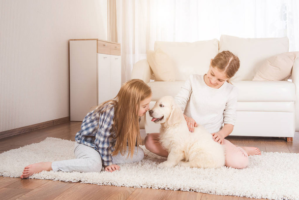 Sorridente sorelle sedersi insieme con retriever cucciolo
 - Foto, immagini