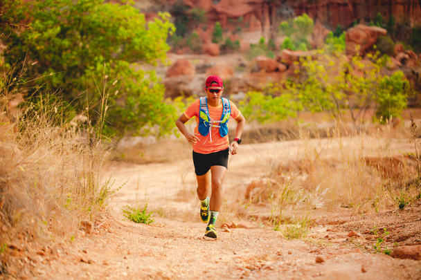 męski biegacz szlaku, sportowiec w odzieży sportowej biegną w górach - Zdjęcie, obraz